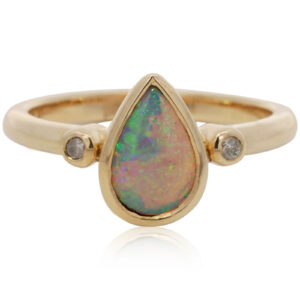 Yellow Gold Blue Green Crystal Opal and Diamond Ring