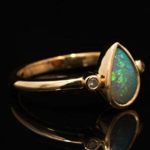 Yellow Gold Blue Green Crystal Opal and Diamond Ring