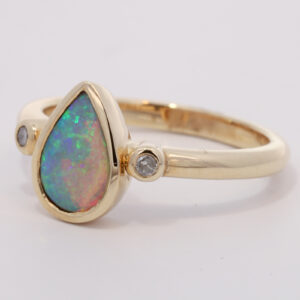 Yellow Gold Blue Green Crystal Opal and Diamond Ring