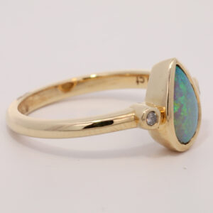 Yellow Gold Blue Green Crystal Opal and Diamond Ring