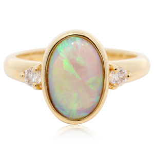 Yellow Gold Blue Green Yellow Orange Crystal Opal and Diamond Ring
