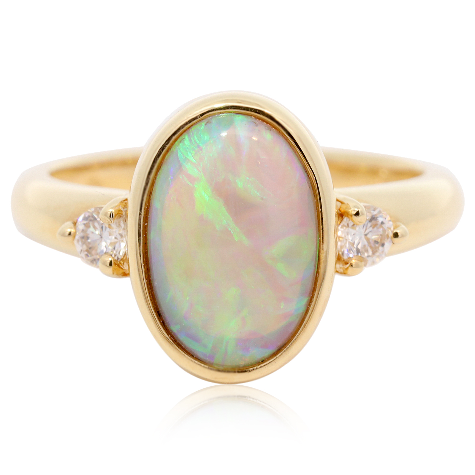 Yellow Gold Blue Green Yellow Orange Crystal Opal and Diamond Ring