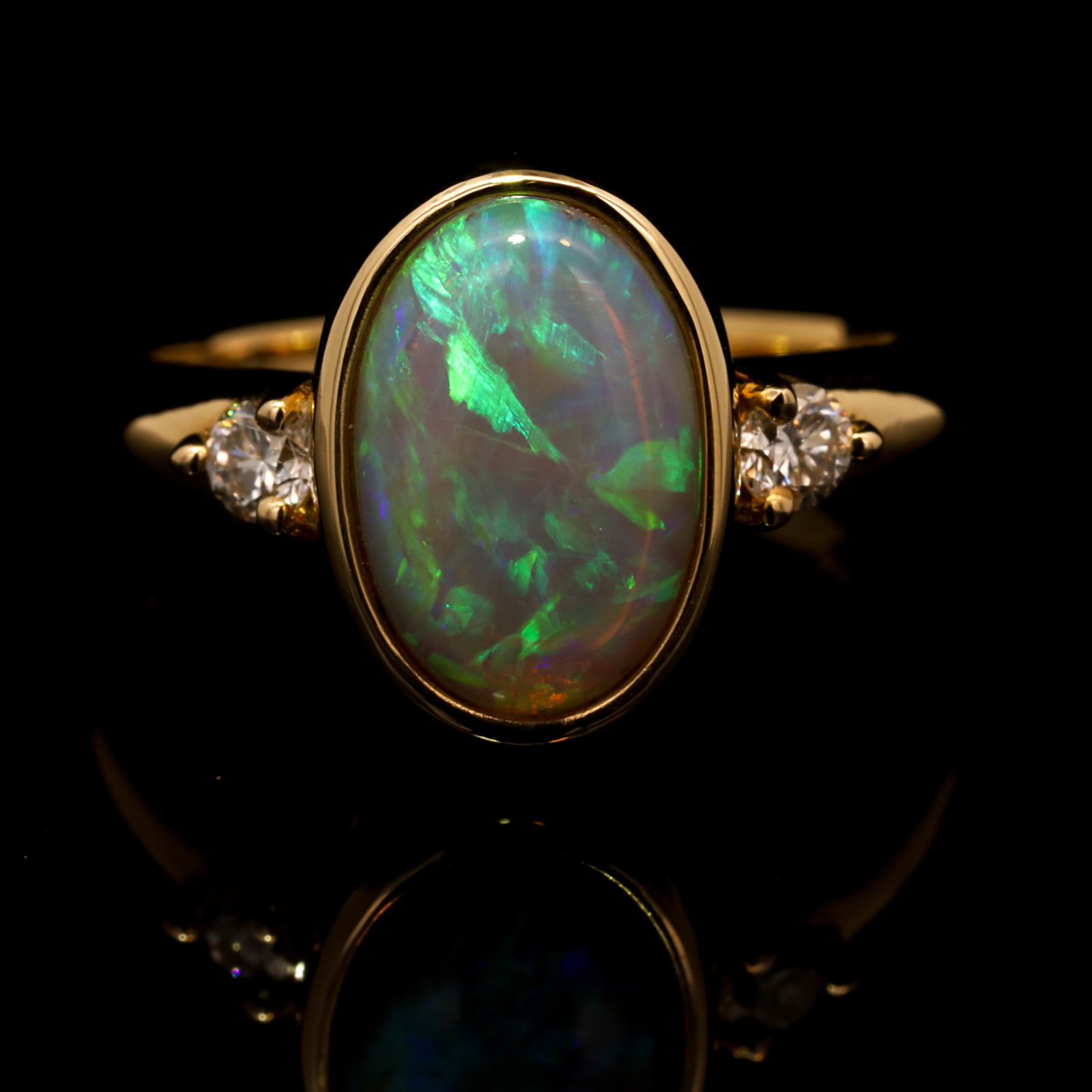 Yellow Gold Blue Green Yellow Orange Crystal Opal and Diamond Ring
