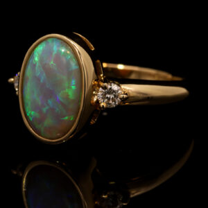 Yellow Gold Blue Green Yellow Orange Crystal Opal and Diamond Ring