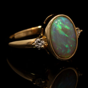 Yellow Gold Blue Green Yellow Orange Crystal Opal and Diamond Ring