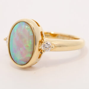 Yellow Gold Blue Green Yellow Orange Crystal Opal and Diamond Ring