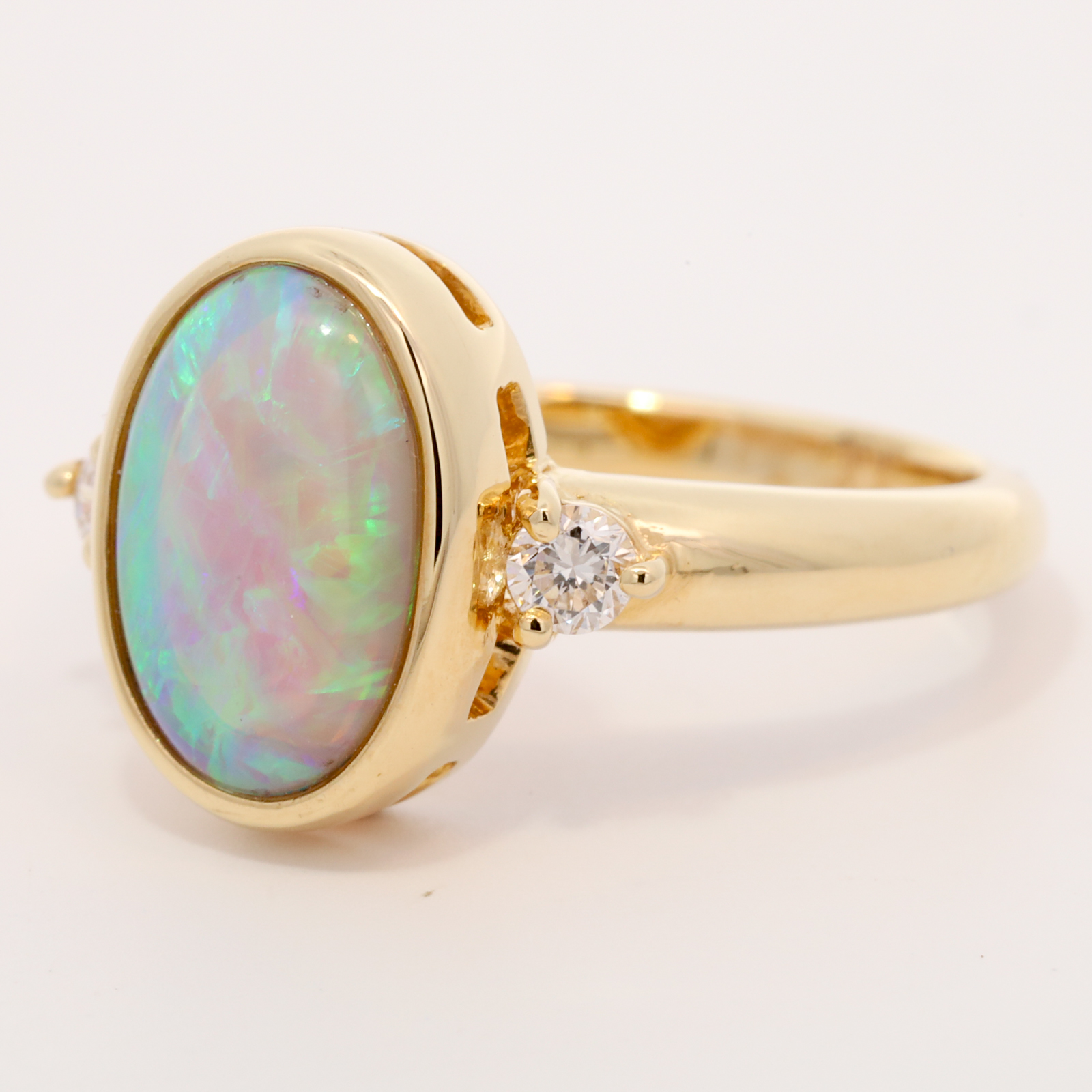 Yellow Gold Blue Green Yellow Orange Crystal Opal and Diamond Ring