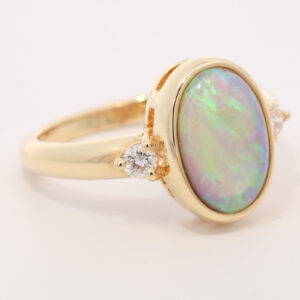 Yellow Gold Blue Green Yellow Orange Crystal Opal and Diamond Ring
