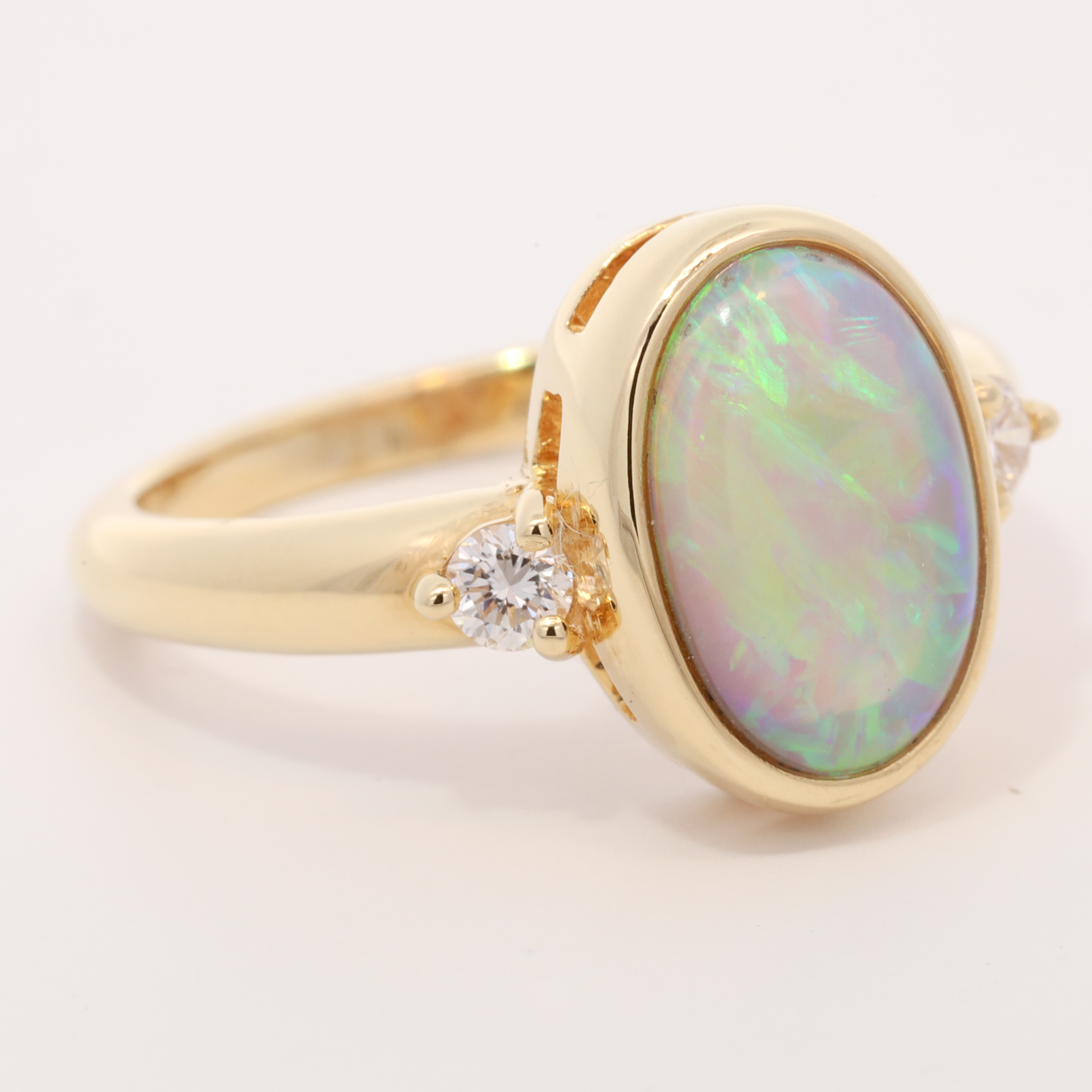 Yellow Gold Blue Green Yellow Orange Crystal Opal and Diamond Ring