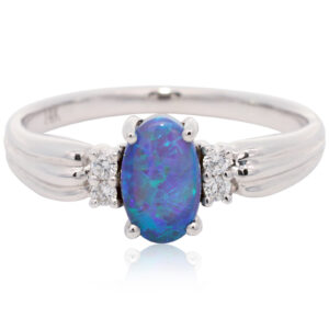 White Gold Blue Green Black Opal and Diamond Ring