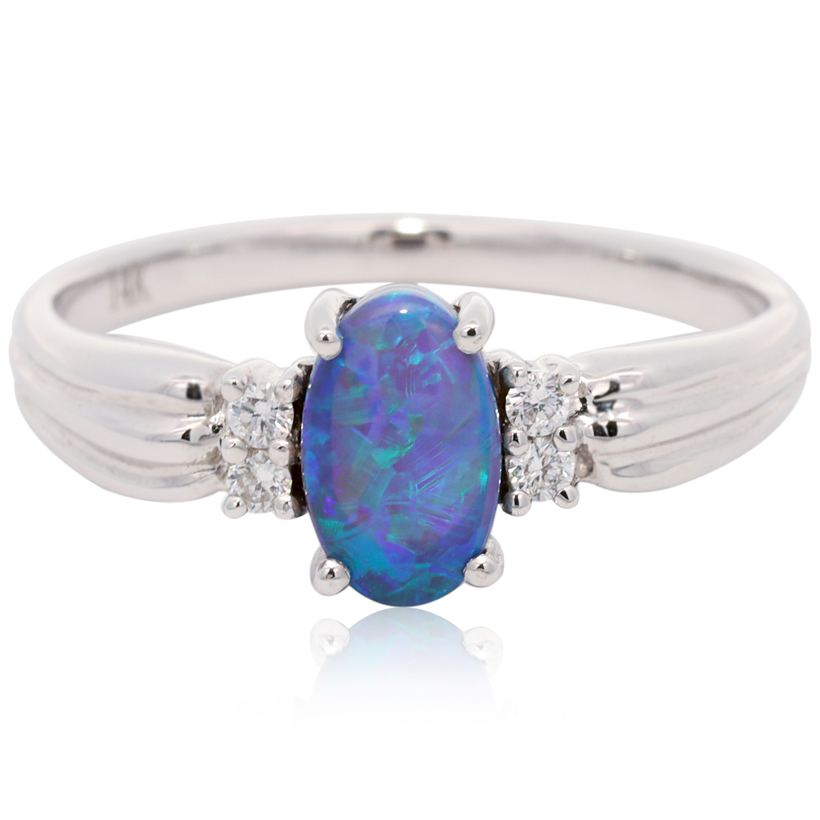 White Gold Blue Green Black Opal and Diamond Ring