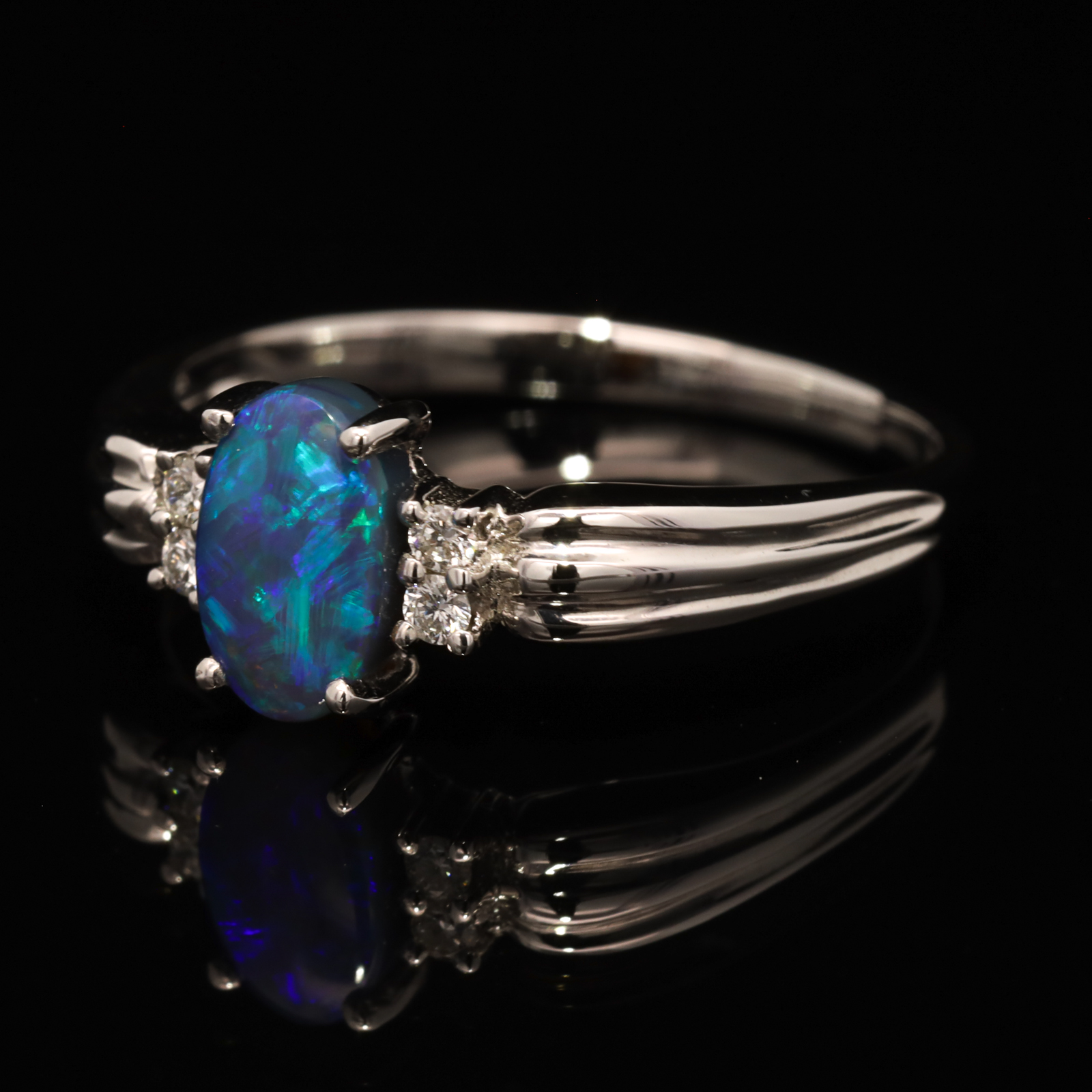 White Gold Blue Green Black Opal and Diamond Ring