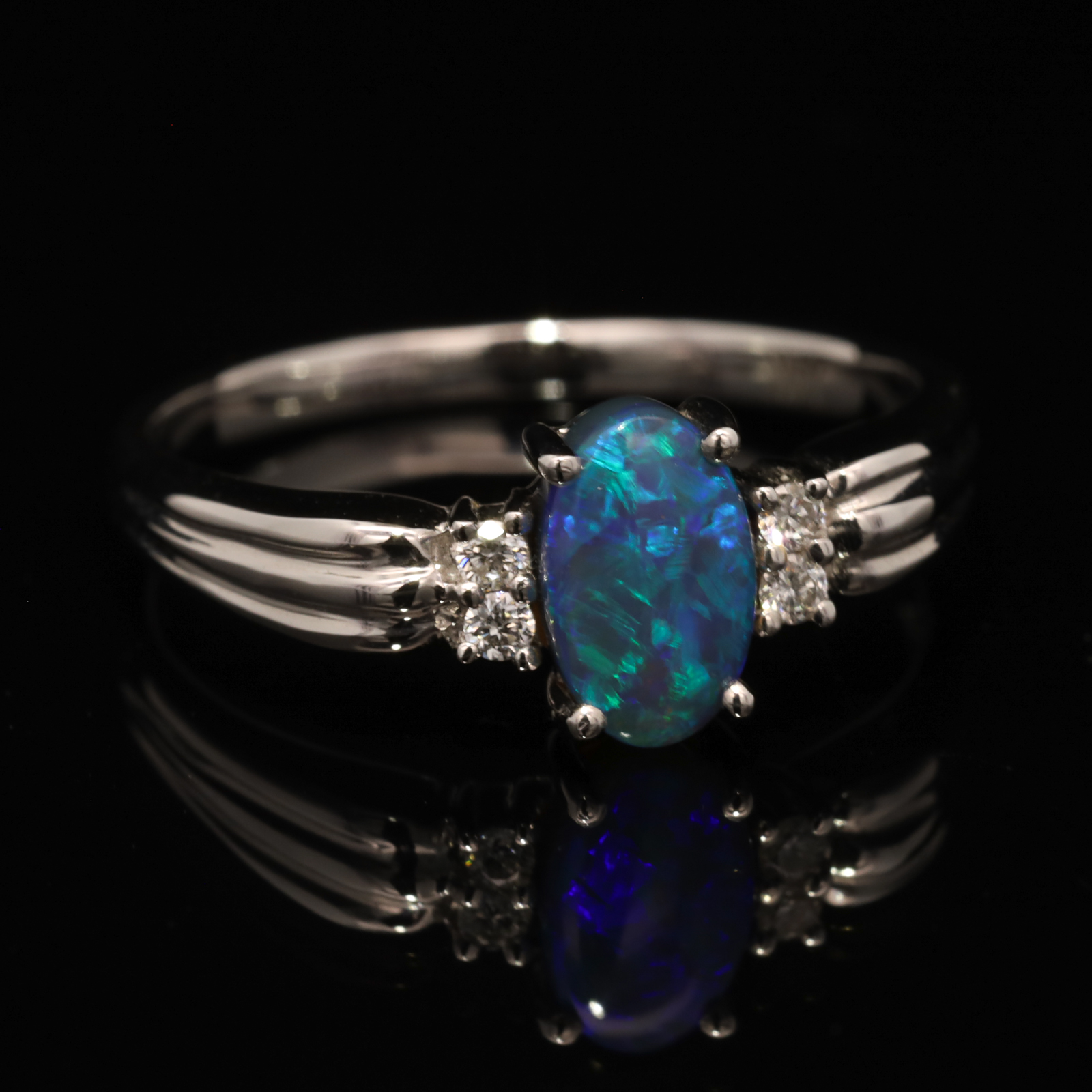 White Gold Blue Green Black Opal and Diamond Ring