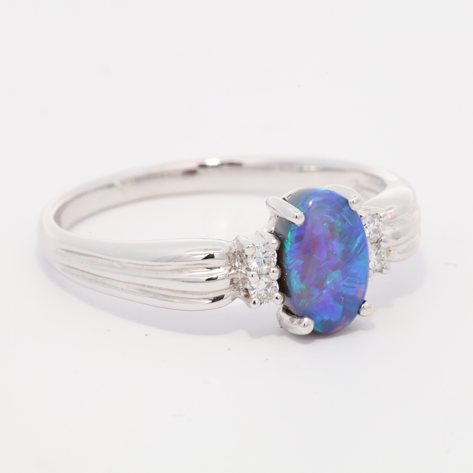 White Gold Blue Green Black Opal and Diamond Ring