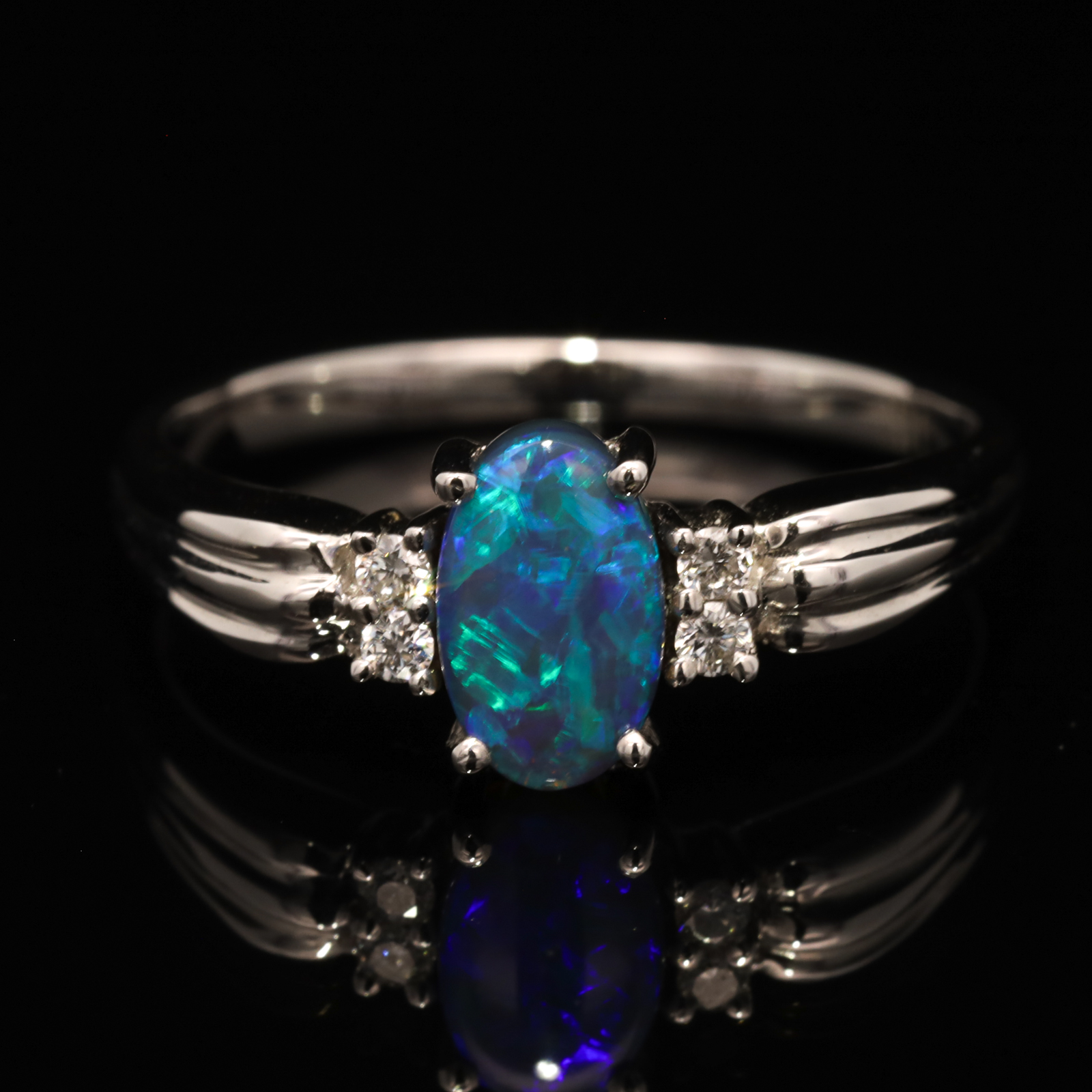 White Gold Blue Green Black Opal and Diamond Ring