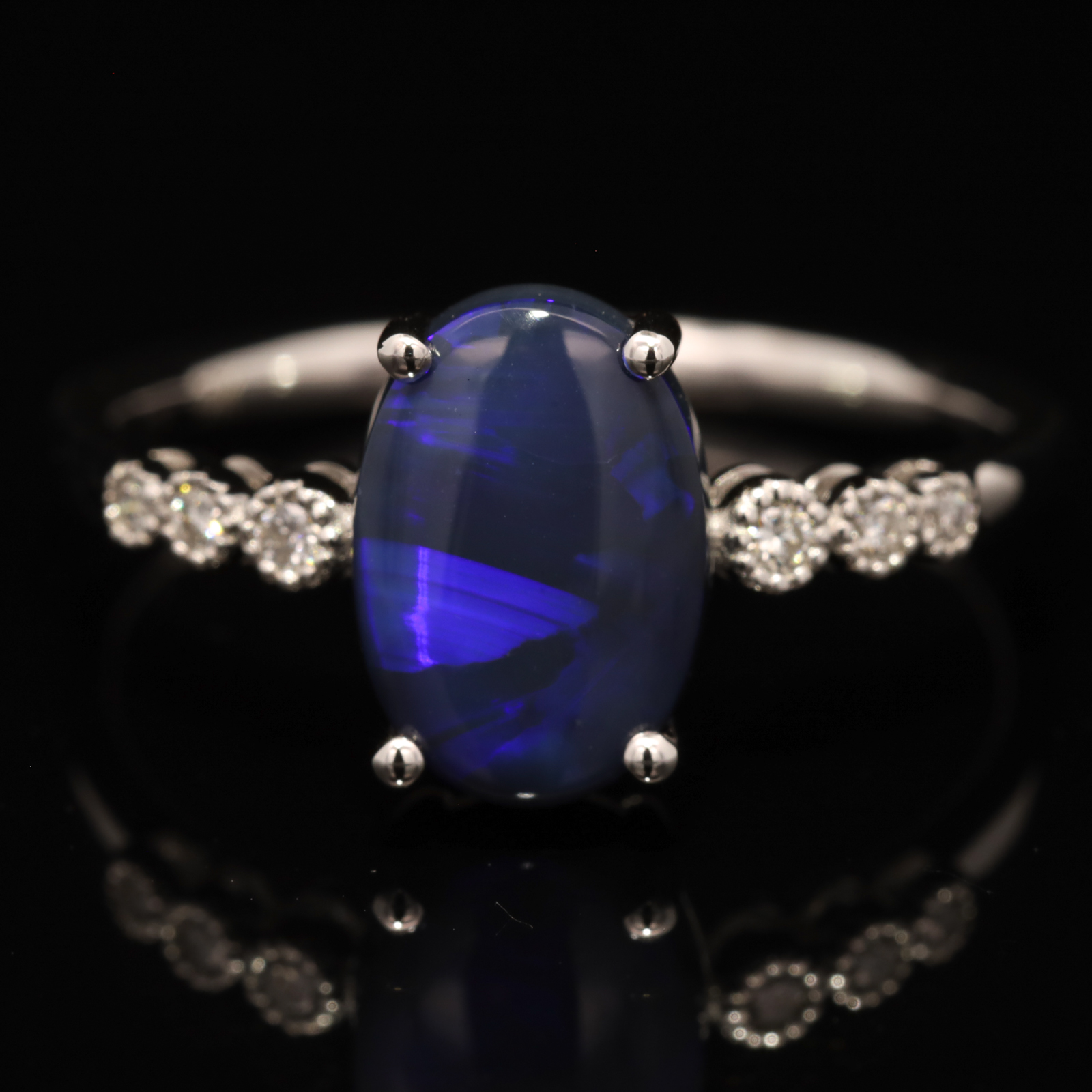 White Gold Blue Purple Black Opal and Diamond Ring
