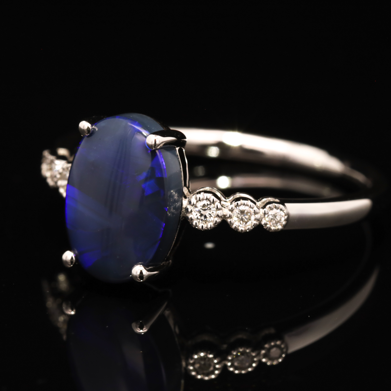 White Gold Blue Purple Black Opal and Diamond Ring