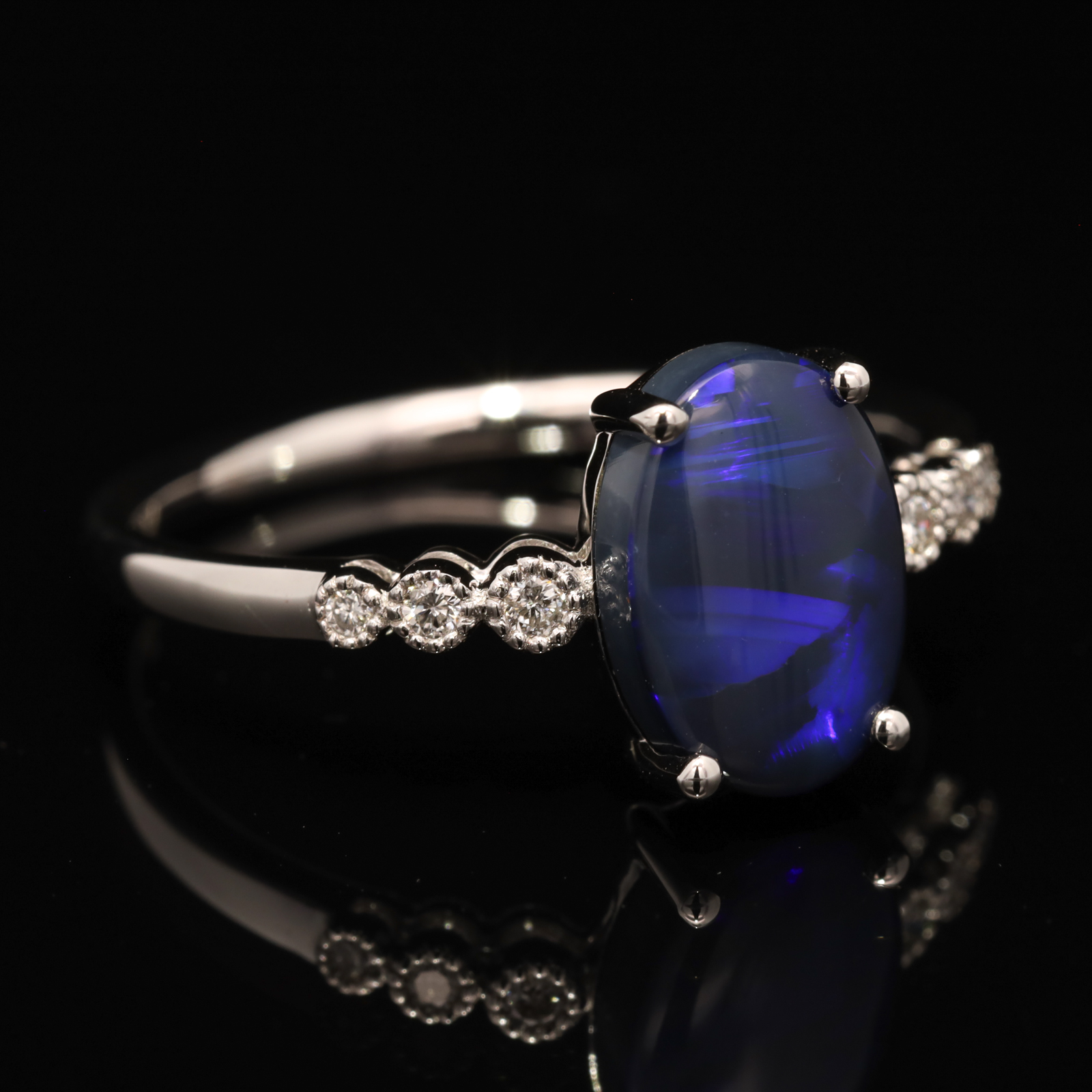 White Gold Blue Purple Black Opal and Diamond Ring