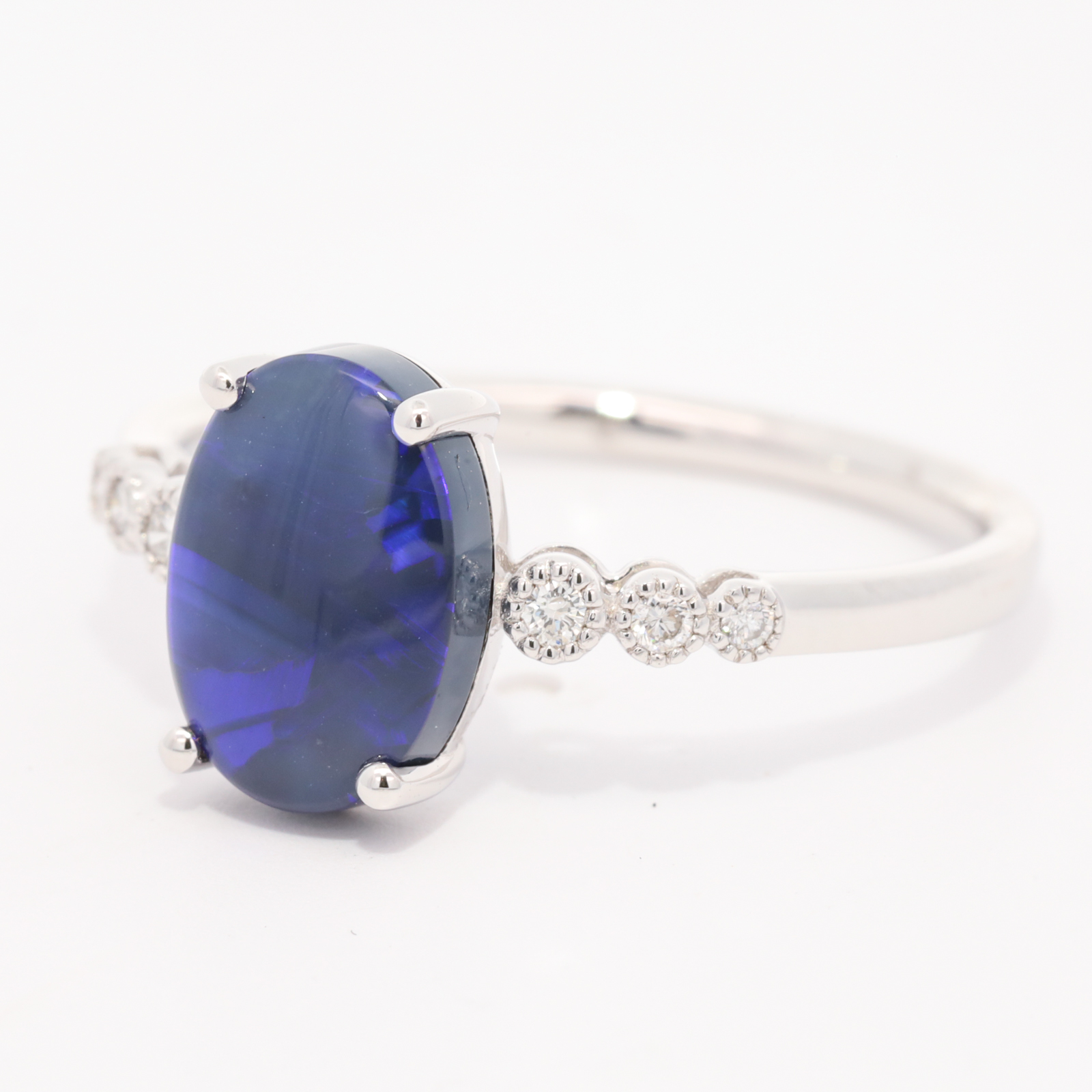 White Gold Blue Purple Black Opal and Diamond Ring