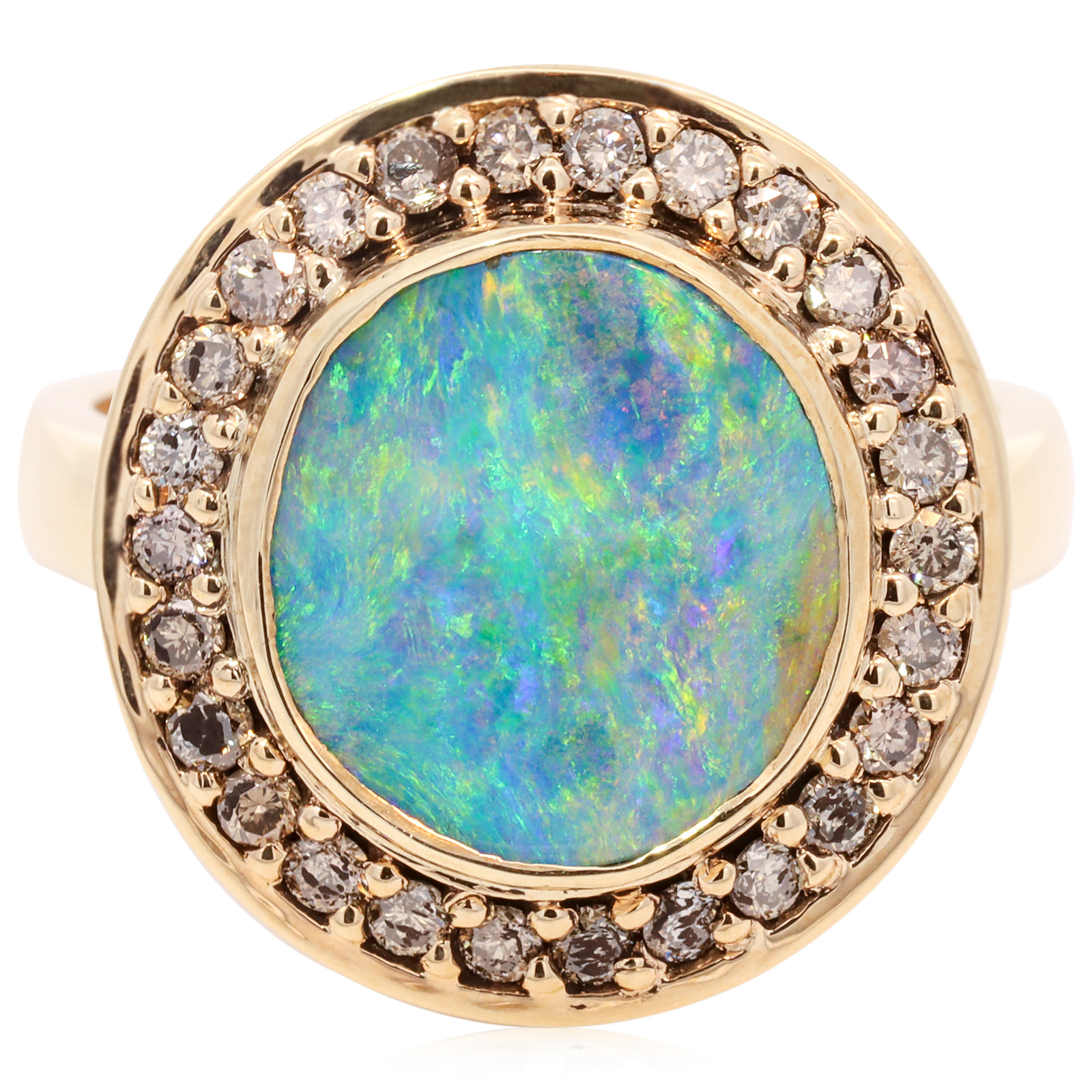 Yellow Gold Blue Green Yellow Orange Boulder Opal and Diamond Ring