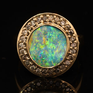 Yellow Gold Blue Green Yellow Orange Boulder Opal and Diamond Ring