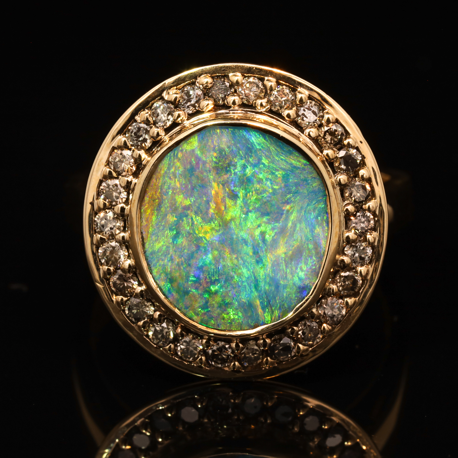 Yellow Gold Blue Green Yellow Orange Boulder Opal and Diamond Ring