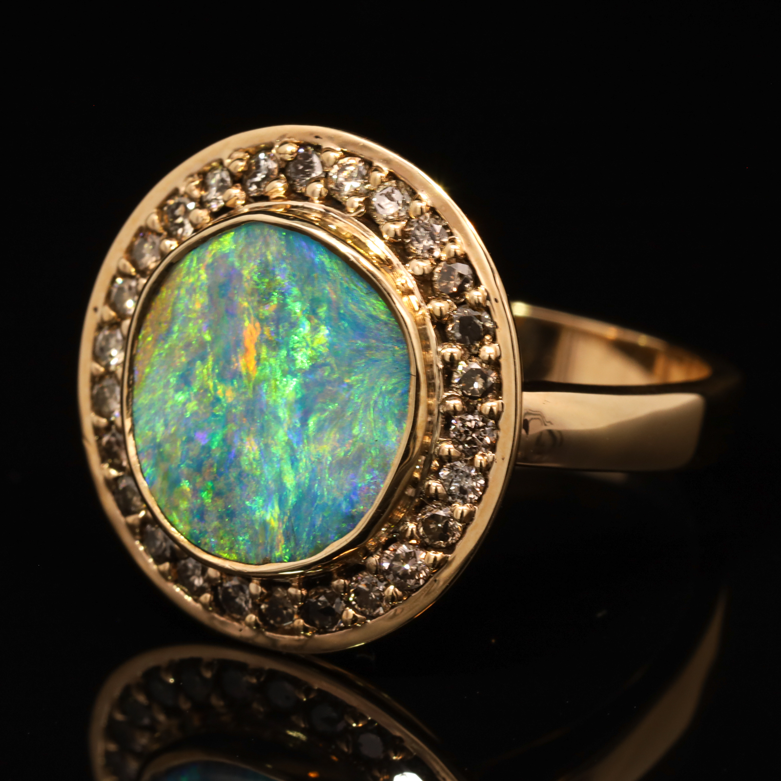 Yellow Gold Blue Green Yellow Orange Boulder Opal and Diamond Ring
