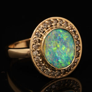 Yellow Gold Blue Green Yellow Orange Boulder Opal and Diamond Ring