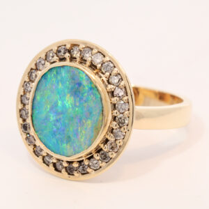 Yellow Gold Blue Green Yellow Orange Boulder Opal and Diamond Ring