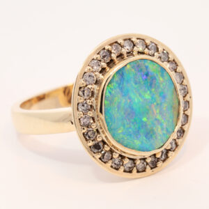 Yellow Gold Blue Green Yellow Orange Boulder Opal and Diamond Ring