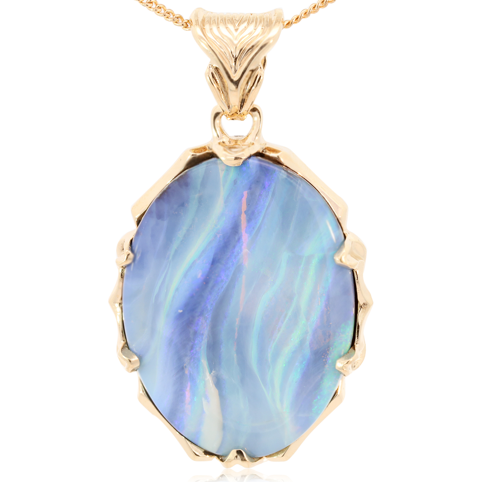 Yellow Gold Blue Green Purple Boulder Opal Pendant