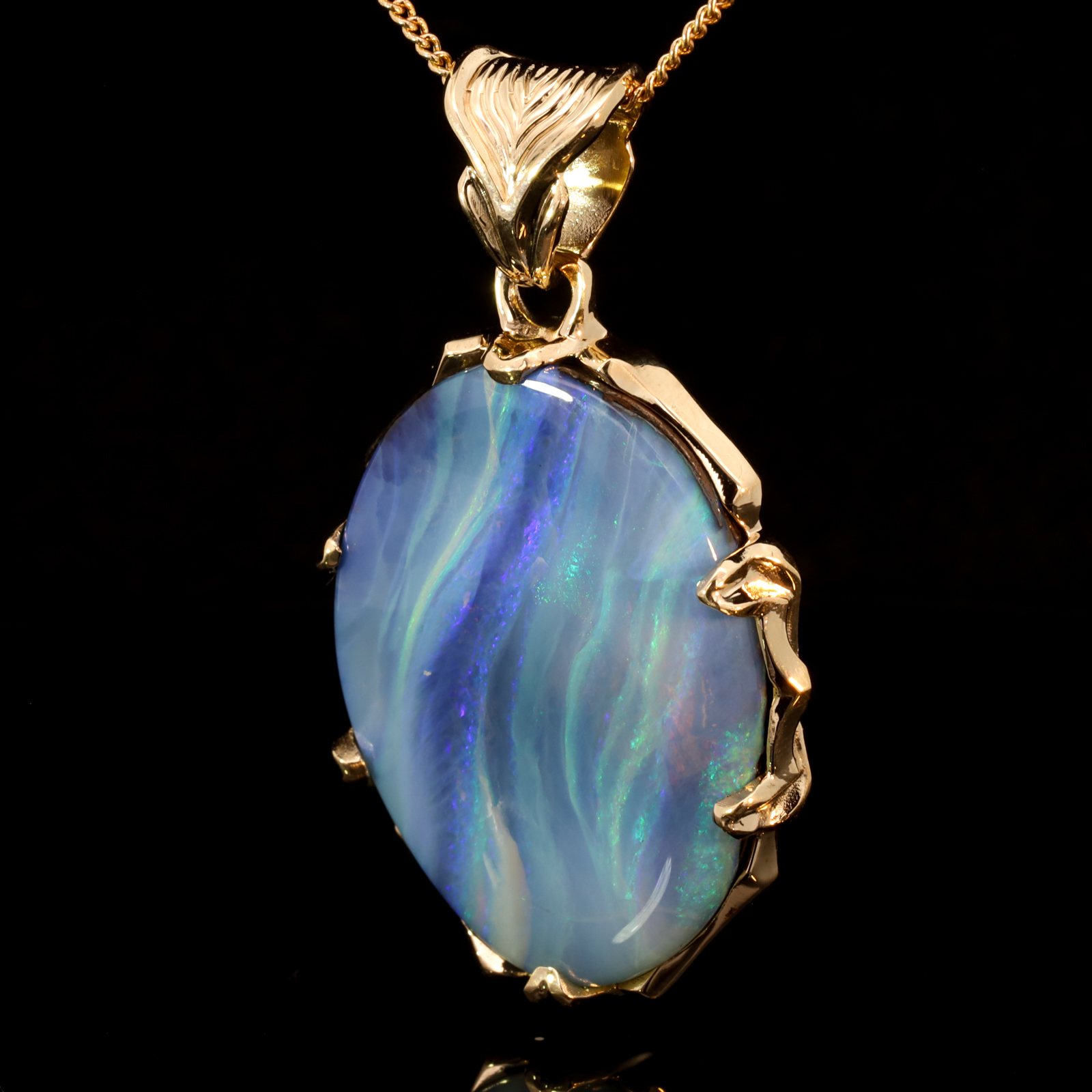 Yellow Gold Blue Green Purple Boulder Opal Pendant