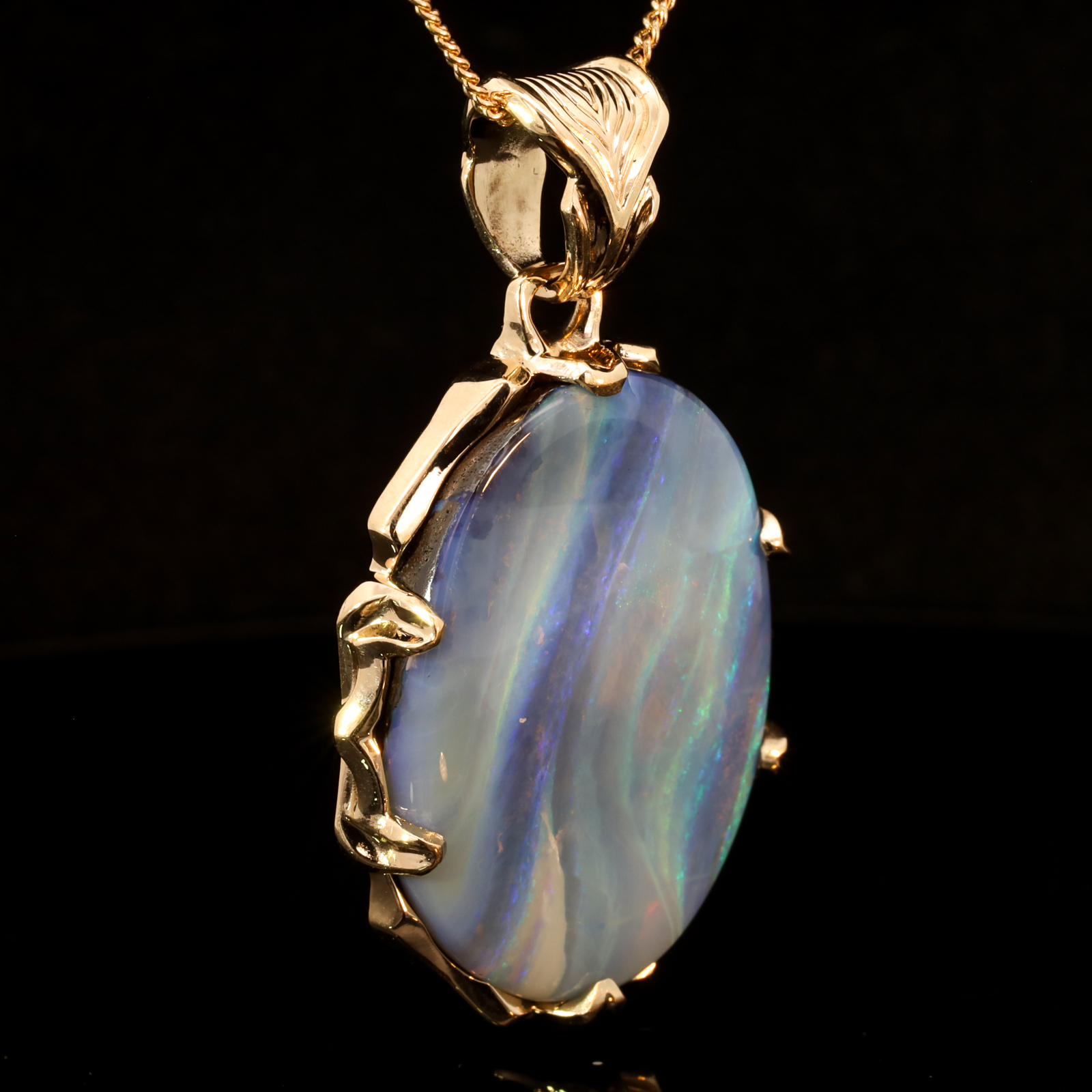 Yellow Gold Blue Green Purple Boulder Opal Pendant