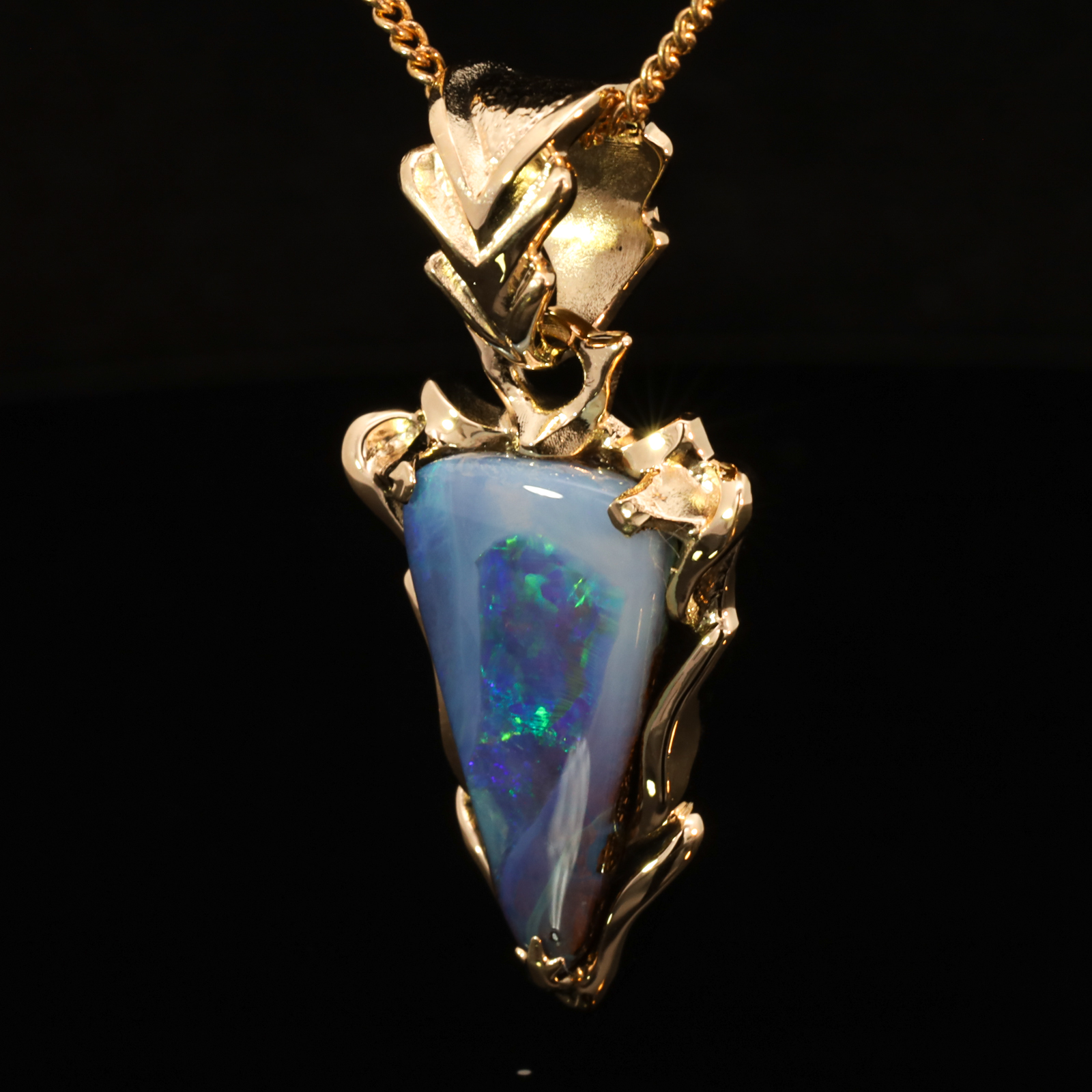 Yellow Gold Blue Green Yellow Orange Purple Boulder Opal Pendant