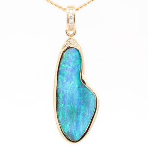 Yellow Gold Blue Green Boulder Opal and Diamond Pendant