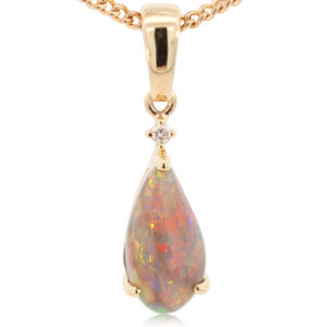 Yellow Gold Blue Green Yellow Orange Red Semi Black Opal and Diamond Pendant