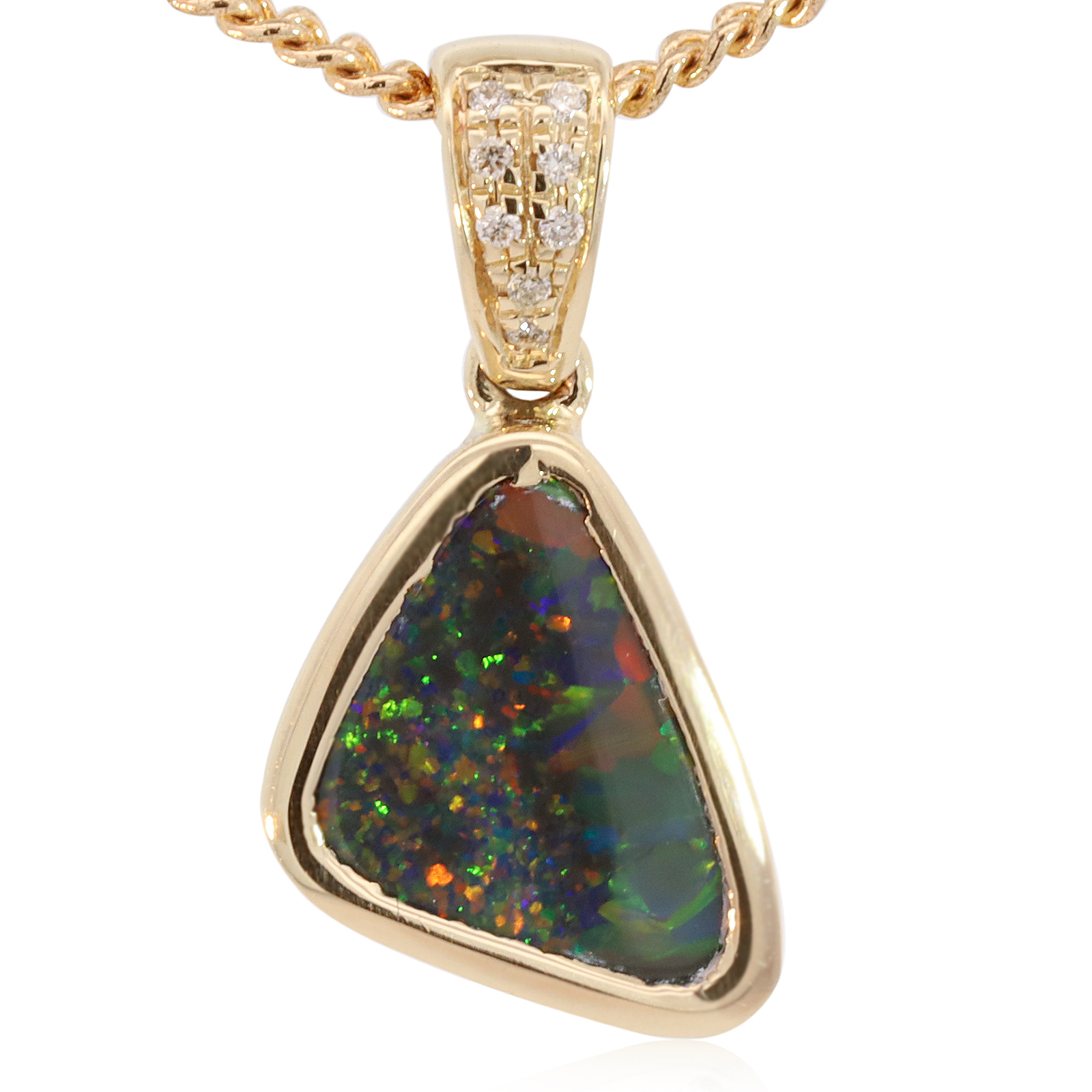 Yellow Gold Blue Green Yellow Orange Red Black Opal and Diamond Pendant