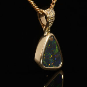 Yellow Gold Blue Green Yellow Orange Red Black Opal and Diamond Pendant