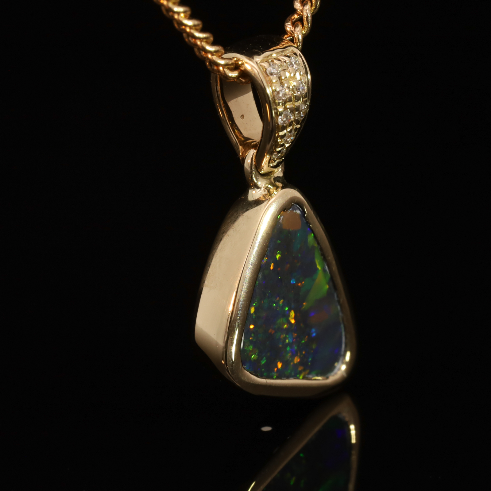 Yellow Gold Blue Green Yellow Orange Red Black Opal and Diamond Pendant