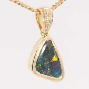 Yellow Gold Blue Green Yellow Orange Red Black Opal and Diamond Pendant