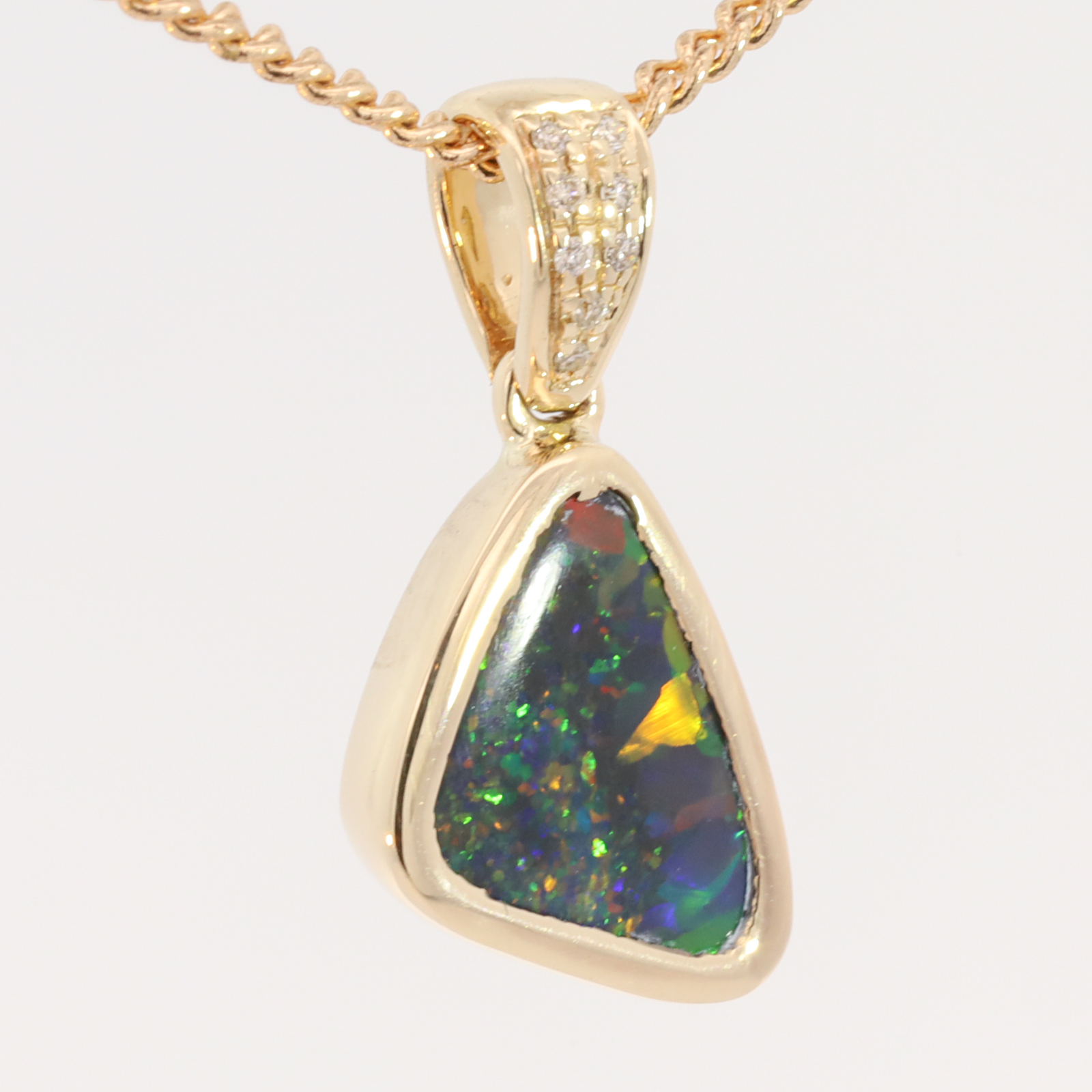 Yellow Gold Blue Green Yellow Orange Red Black Opal and Diamond Pendant