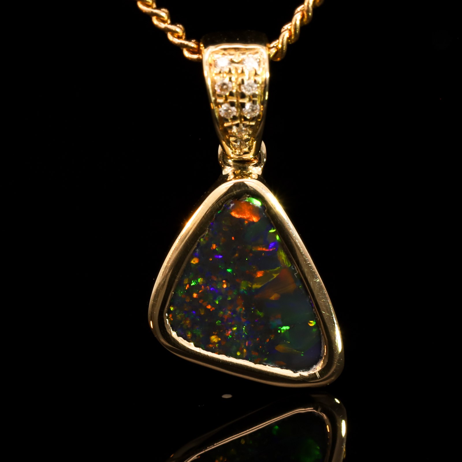 Yellow Gold Blue Green Yellow Orange Red Black Opal and Diamond Pendant