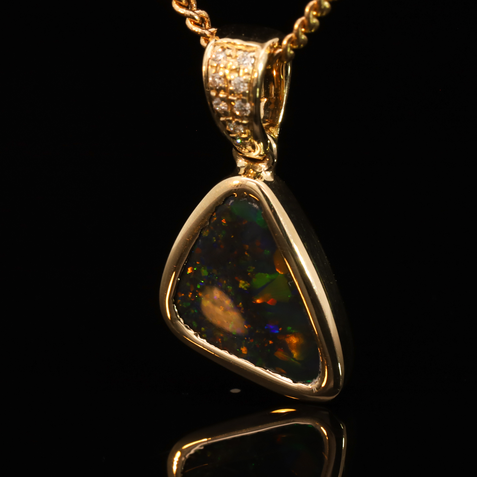 Yellow Gold Blue Green Yellow Orange Red Black Opal and Diamond Pendant