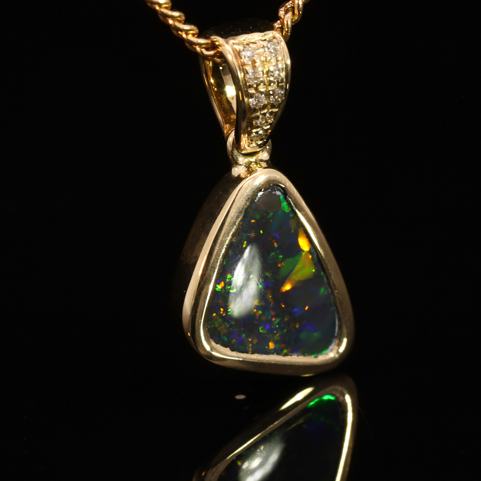 Yellow Gold Blue Green Yellow Orange Red Black Opal and Diamond Pendant