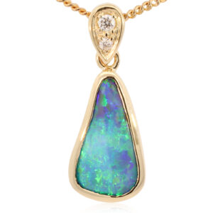 Yellow Gold Blue Green Purple Boulder Opal and Diamond Pendant