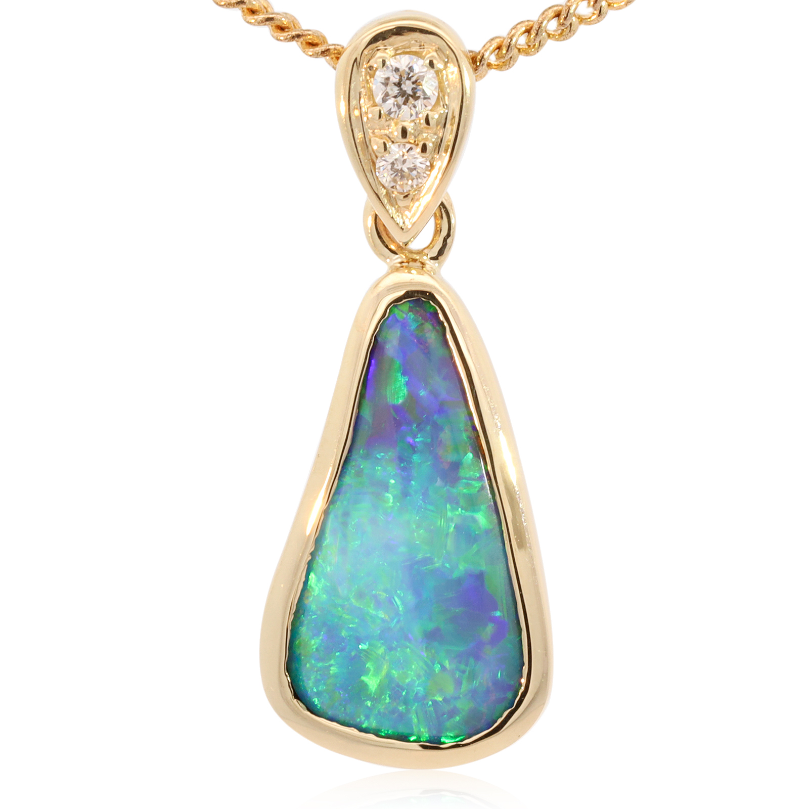 Yellow Gold Blue Green Purple Boulder Opal and Diamond Pendant