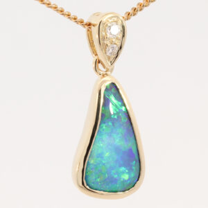 Yellow Gold Blue Green Purple Boulder Opal and Diamond Pendant