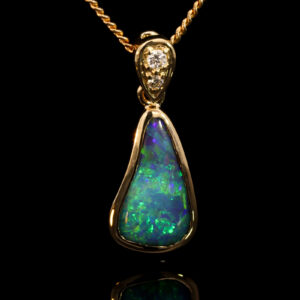 Yellow Gold Blue Green Purple Boulder Opal and Diamond Pendant
