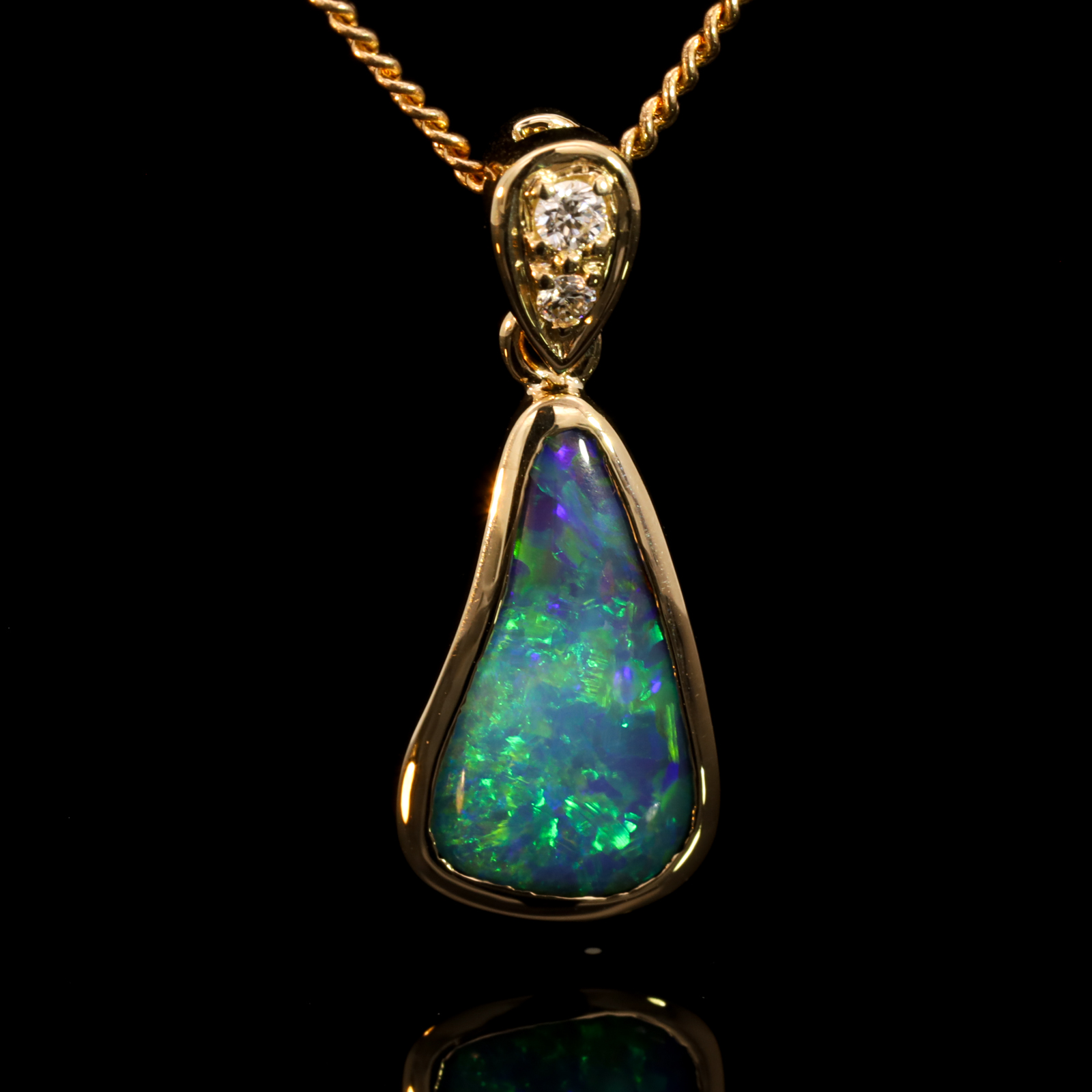 Yellow Gold Blue Green Purple Boulder Opal and Diamond Pendant