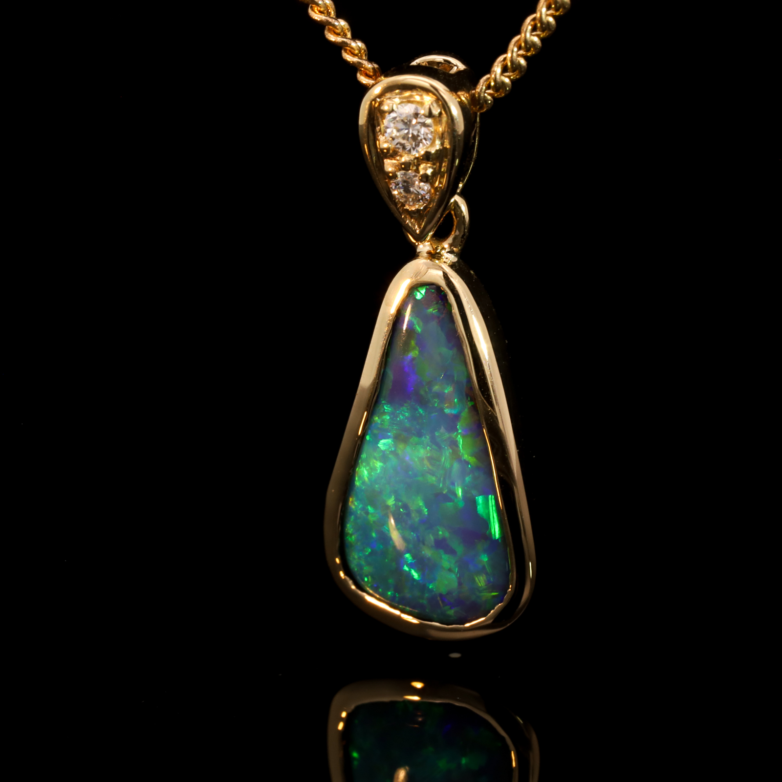 Yellow Gold Blue Green Purple Boulder Opal and Diamond Pendant